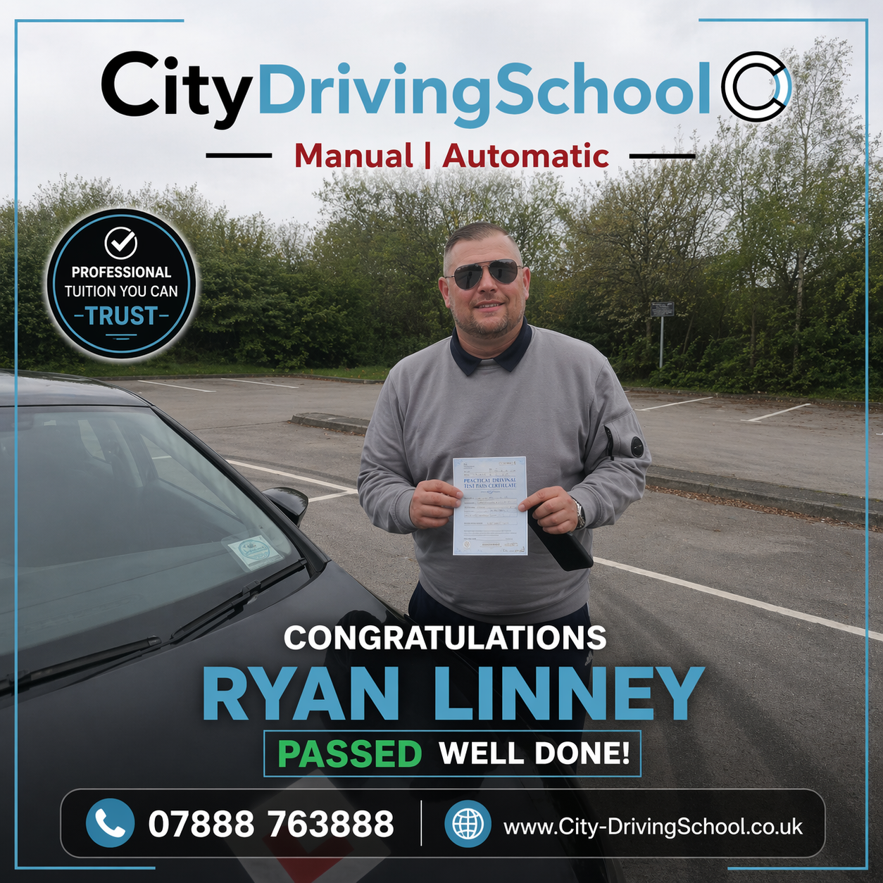 Ryan passed his driving test with City Driving School