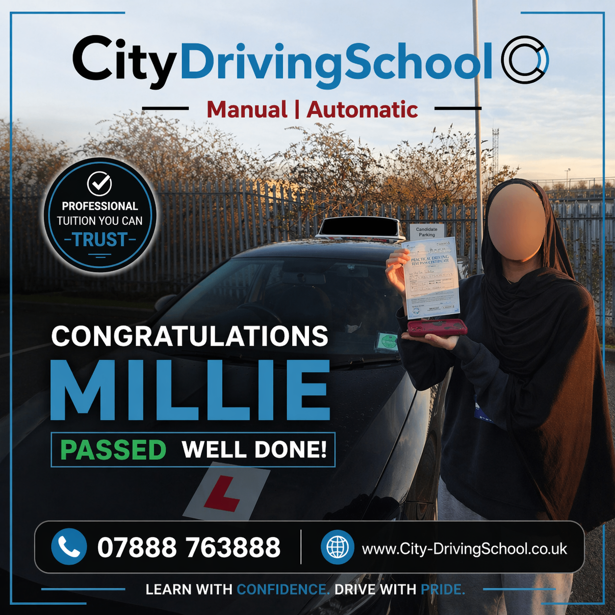 Millie passed with City Driving School