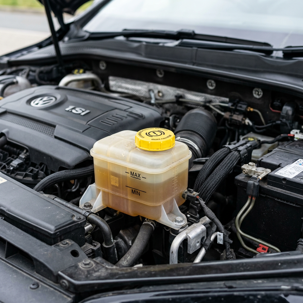Brake fluid reservoir under the bonnet