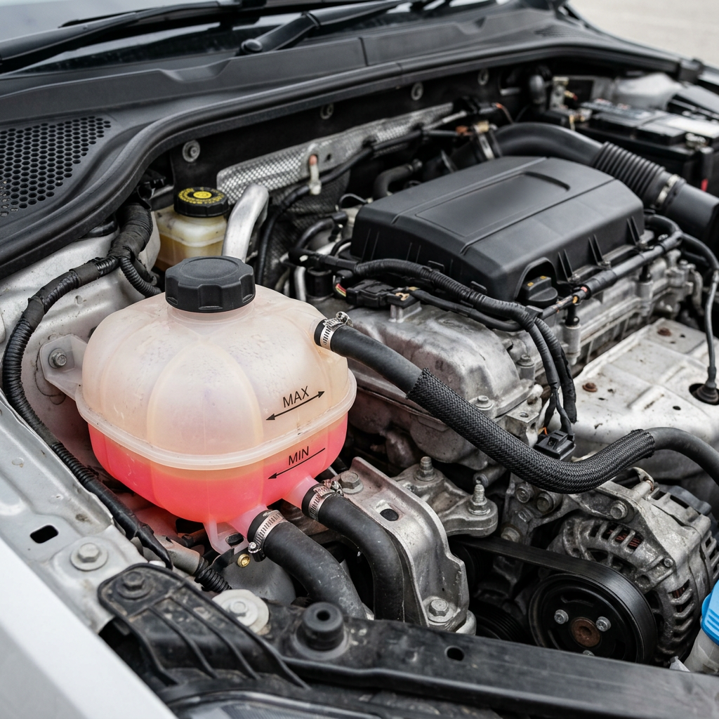 Engine coolant expansion tank in the engine bay