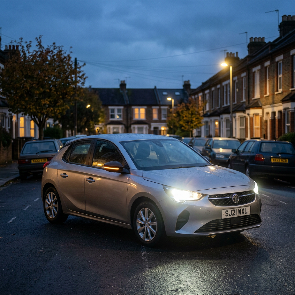 Car with headlights illuminated at dusk