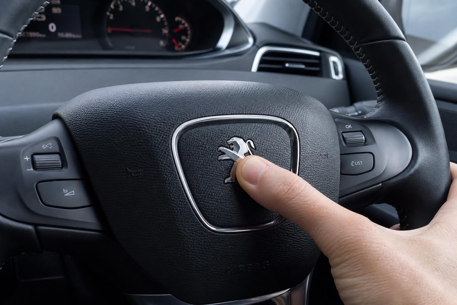 Hand pressing the car horn on the steering wheel