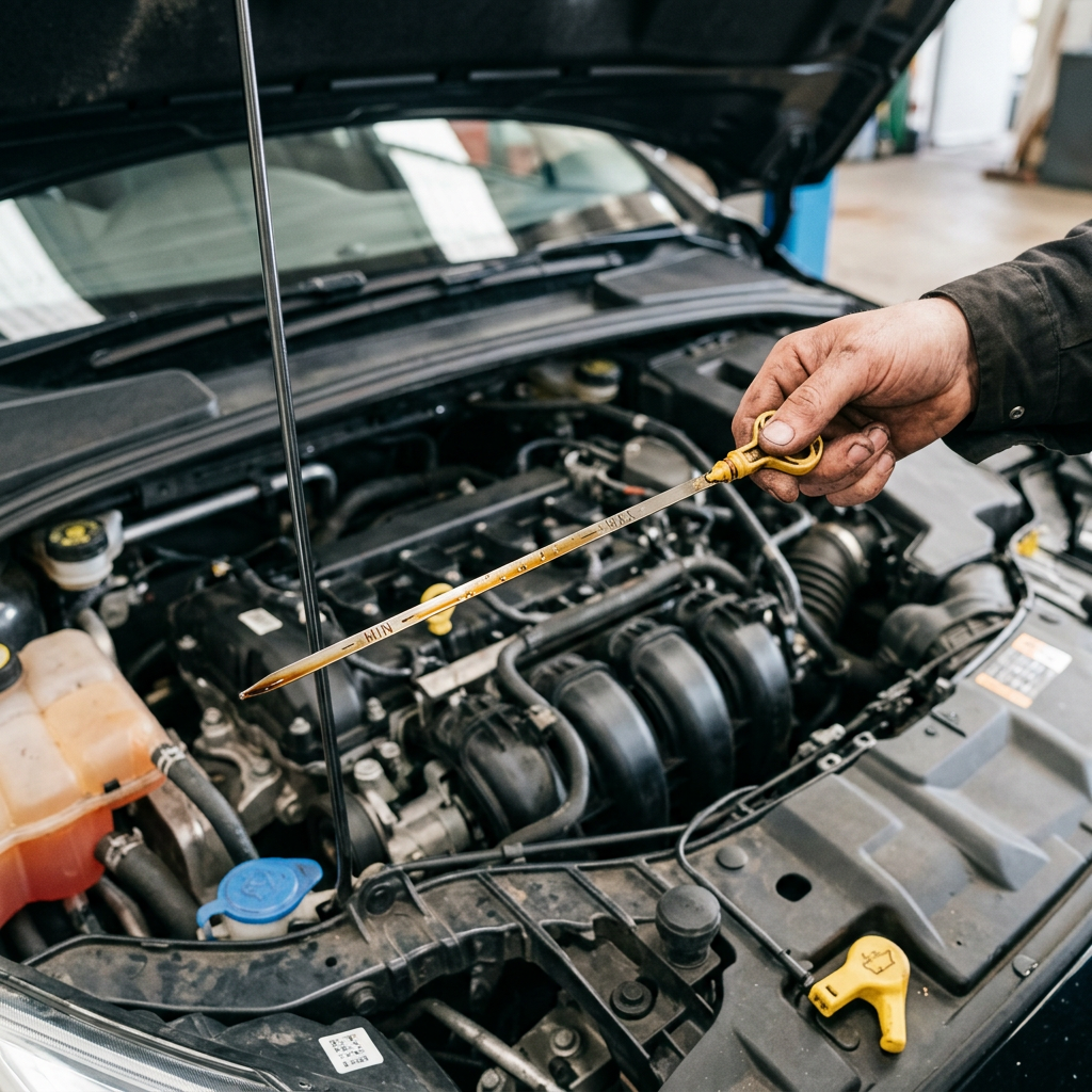 Hand checking engine oil dipstick