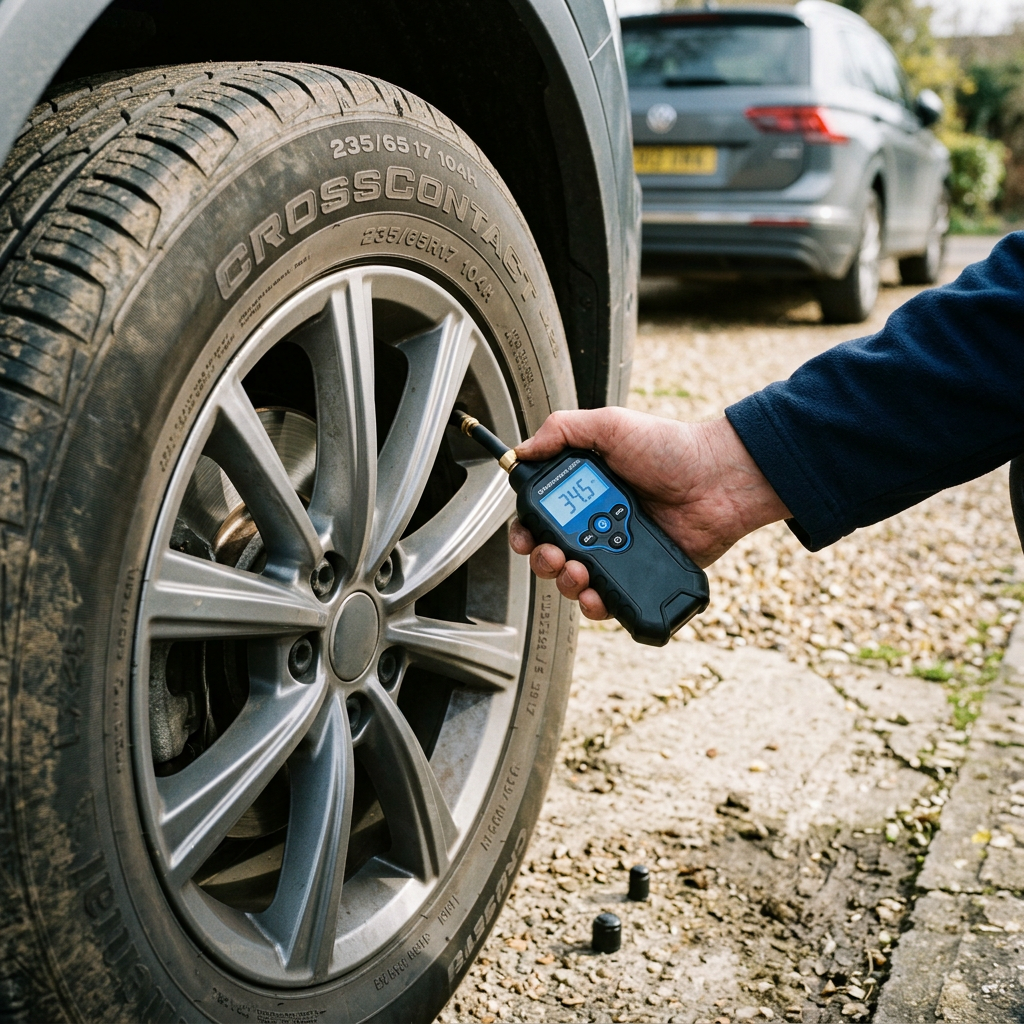 Owner's manual open at tyre pressures next to a gauge