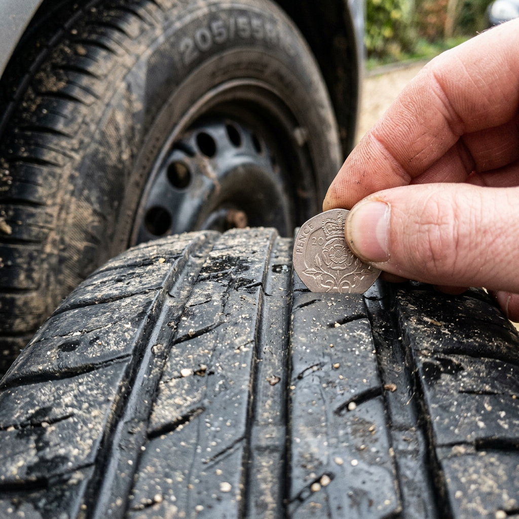Checking tyre tread depth with a gauge